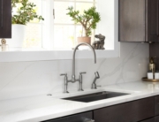 stainless steel sink on kitchen countertops with quartz marble for matching aesthetic style