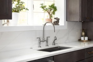 stainless steel sink on kitchen countertops with quartz marble for matching aesthetic style